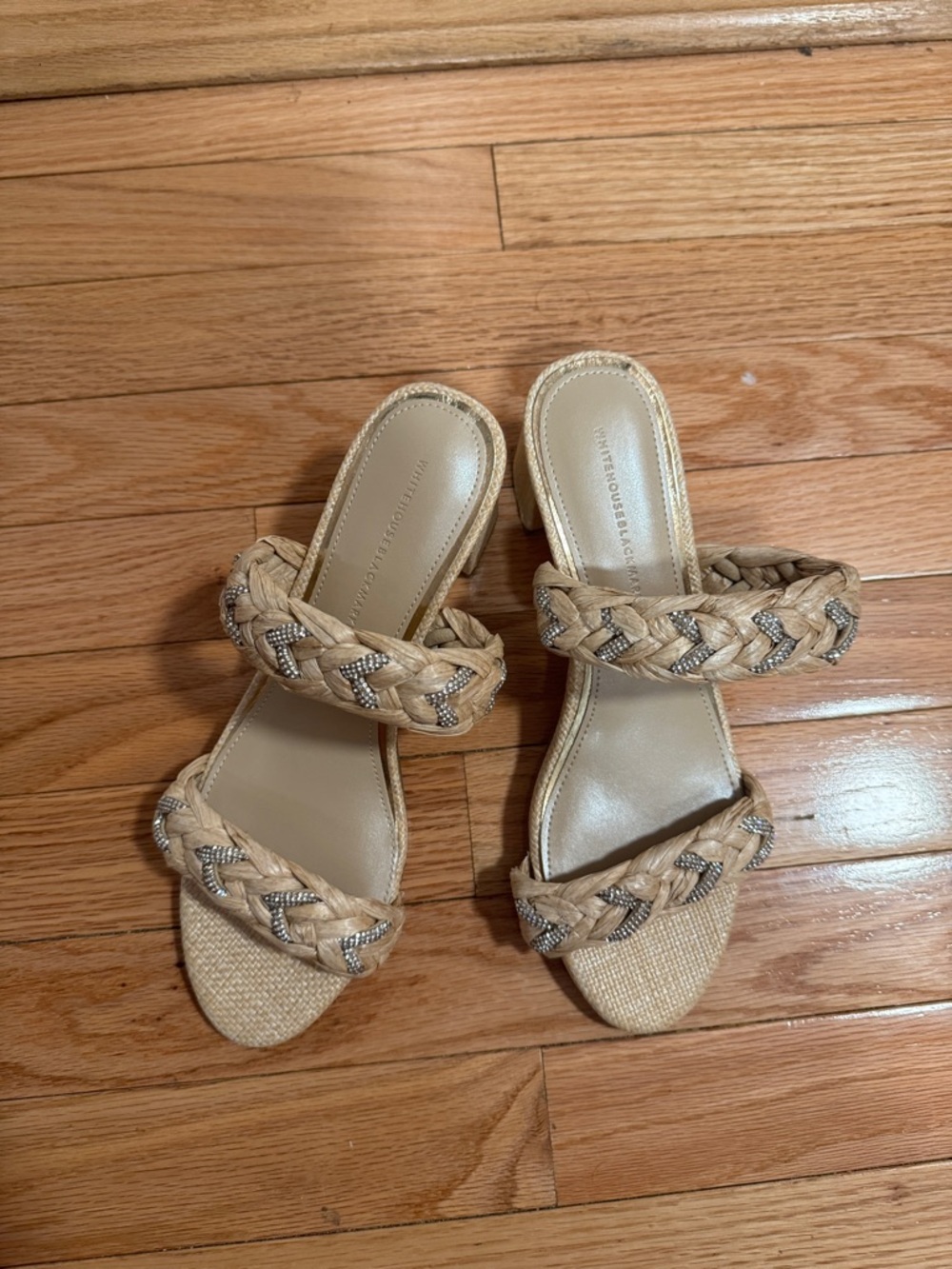 White House Black Market Tan Braided Slide Mules with Metallic Accents